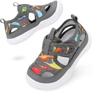 Barerun Little Boys Size 11 Gray Dinosaur Hook Loop Non Slip Water Swim Shoes